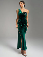 Fuaheng V-Neck Asymmetrical Spaghetti Strap Sequin Patchwork Bodycon Dress With High Slit, Evening Gown
